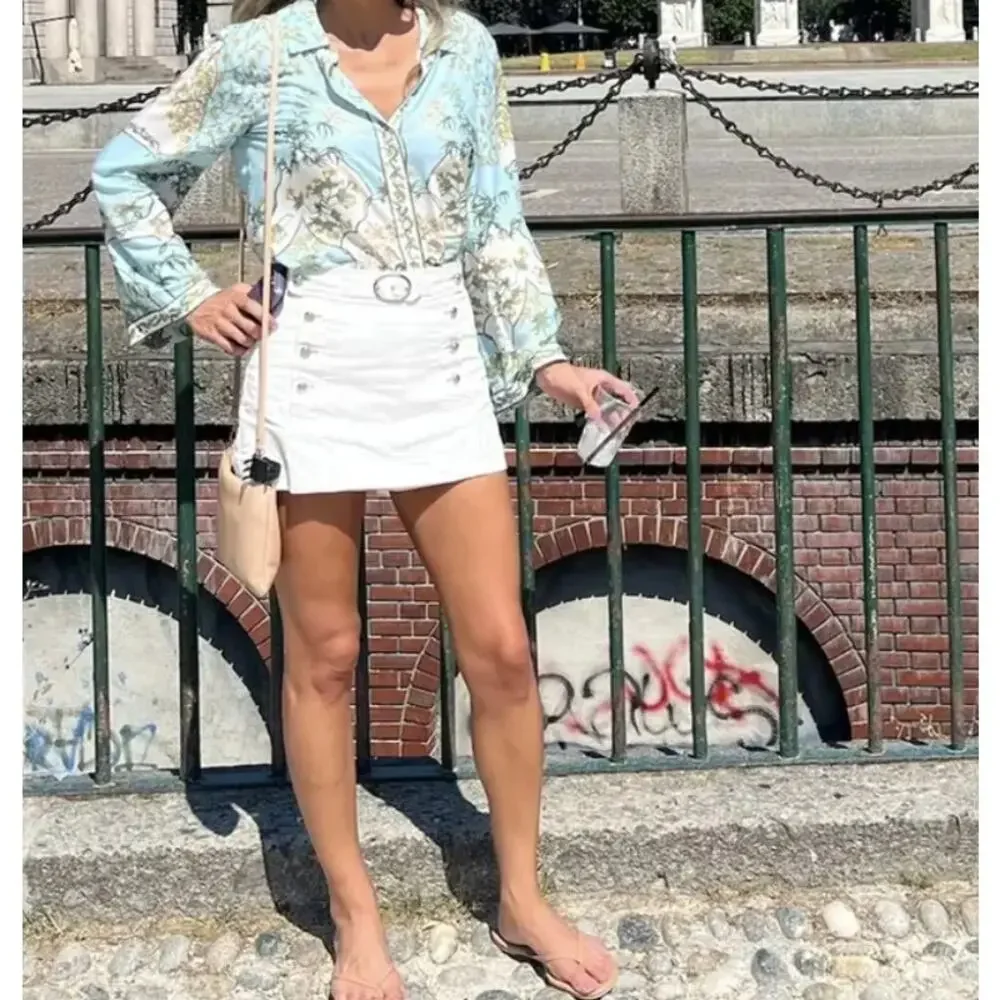 Derek Lam White Denim Skort Short SIZE 10 Nautical Belted Preppy Jean Skirt $260 - Picture 7 of 11